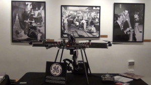 Past and future: the best-in-show prize drone in front of pictures of iconic directors including Howard Hawks (center, directing Rosalind Russell in His Girl Friday).