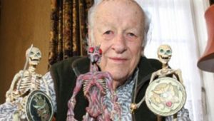 Special effects master Ray Harryhausen and a trio of his most skeletal creations.